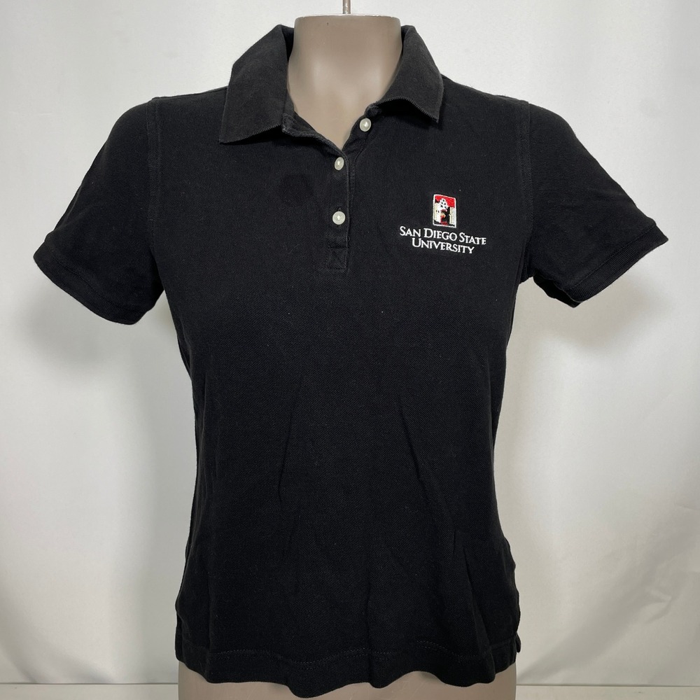 San Diego State University Cutter & Buck Pique Knit Black Polo Shirt Women SMALL
